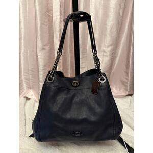 Coach Edie Chain Shoulder Bag Navy Pebbled Leather Turnlock Slouchy Tote